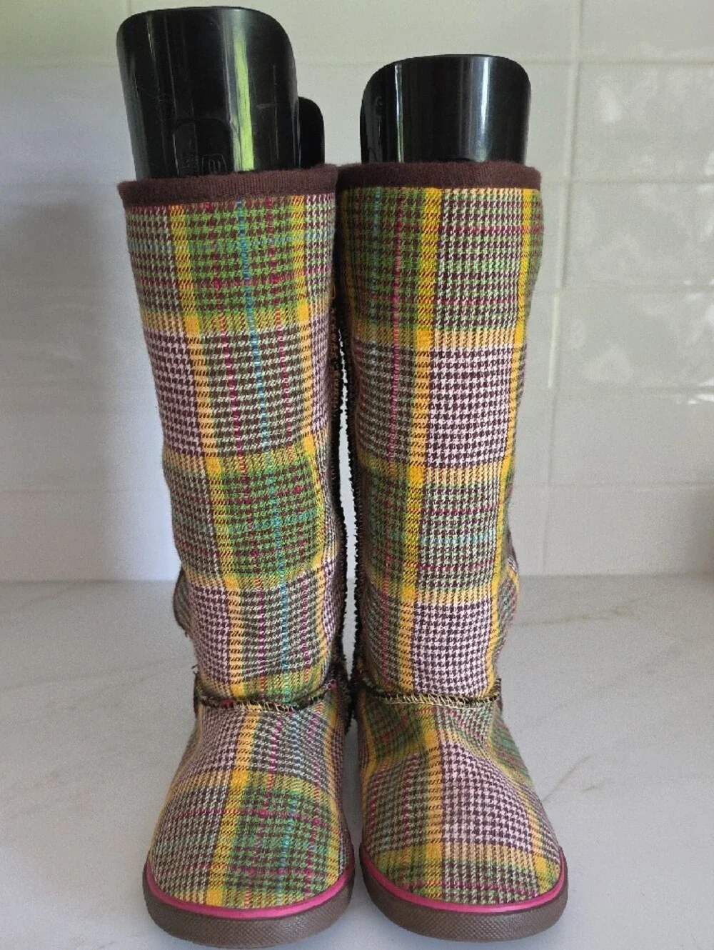Sugar Brand Plaid Houndstooth Mid-Calf Winter Boots - Wood Buttons - Size 7